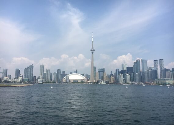 views of Toronto skyline from lake ontario