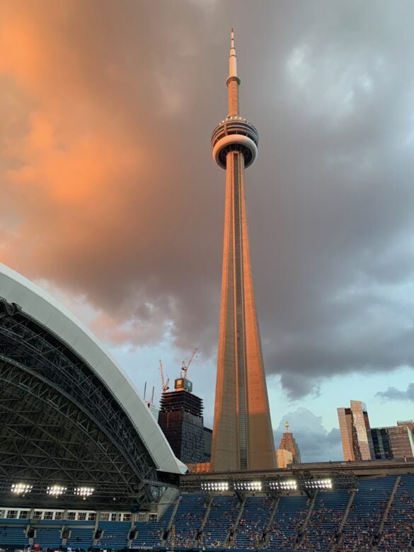 CN Tower during sunset at a Blue Jays game