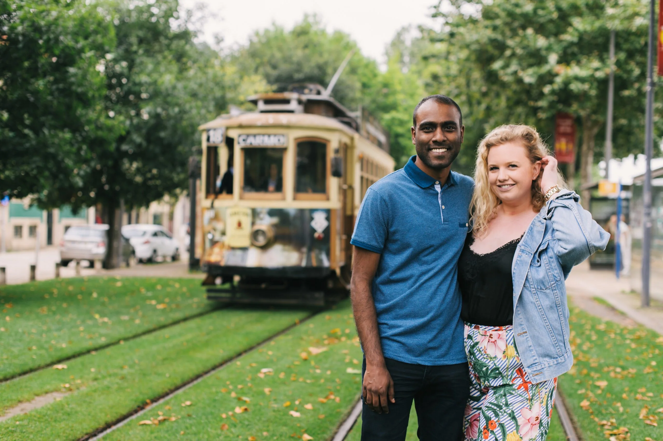 Posing in front of a Porto tram