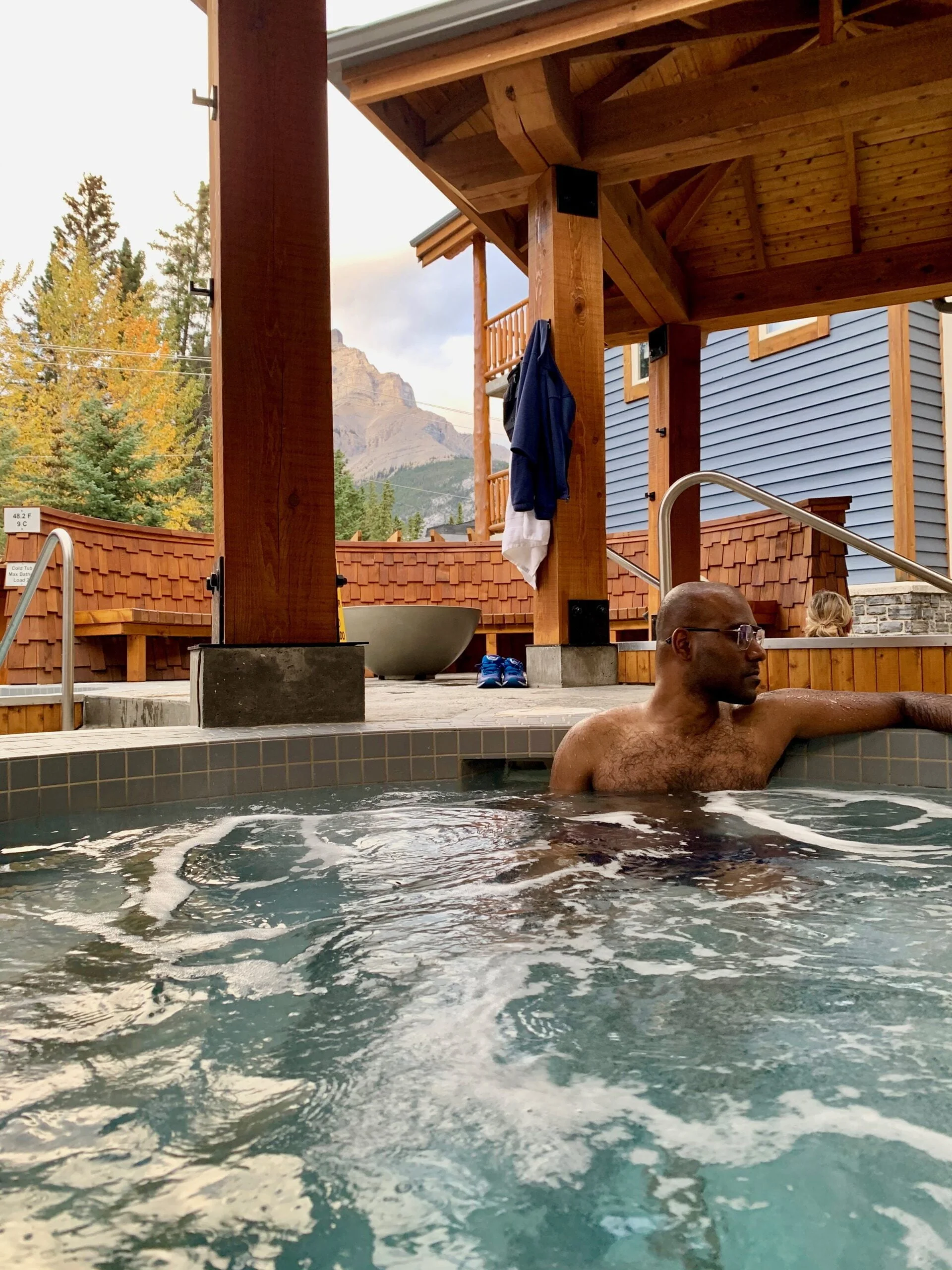 soaking in the hot tub at Canalta Lodge, Banff