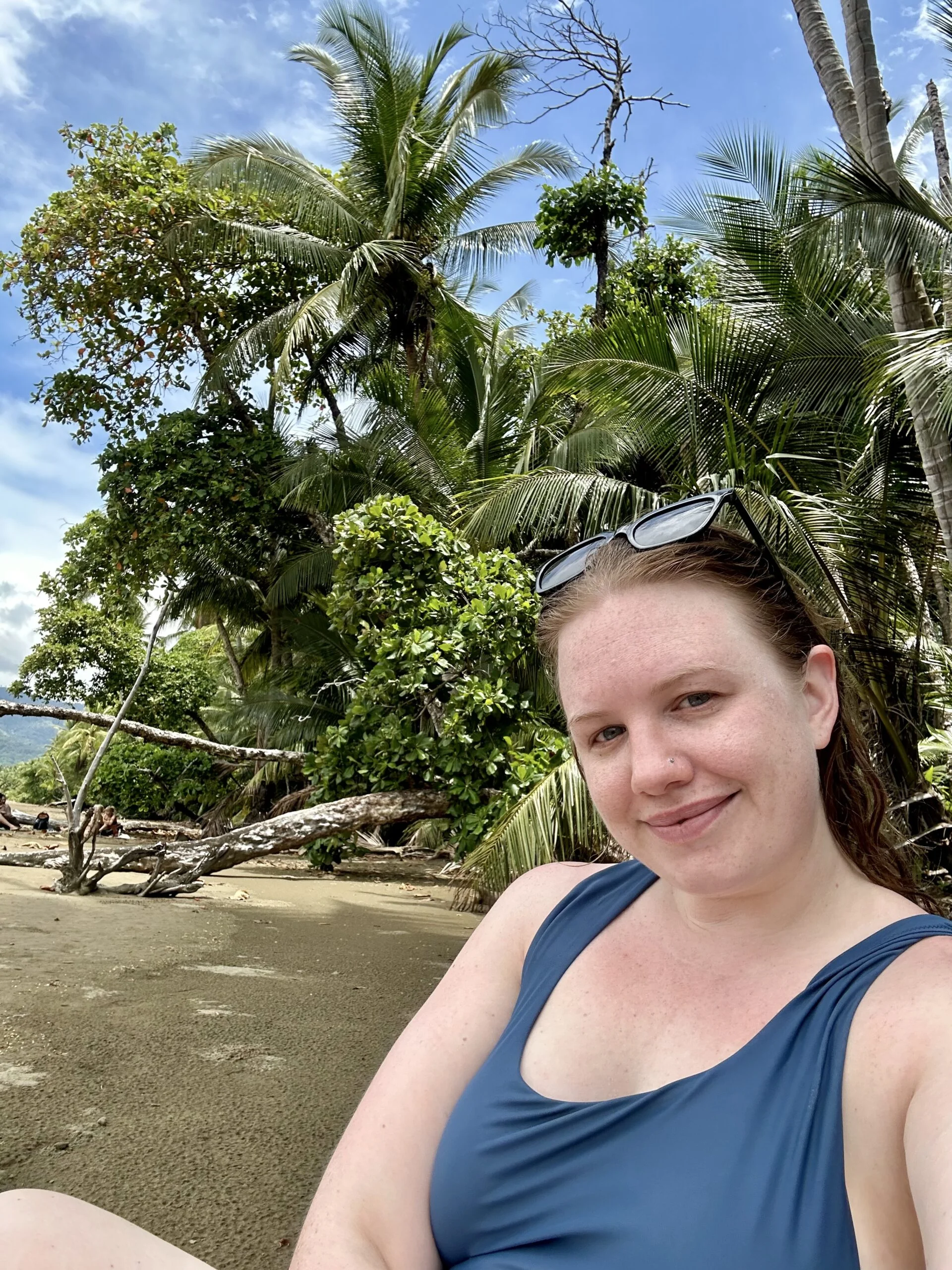 Selfie on Playa Uvita, palm trees in the background