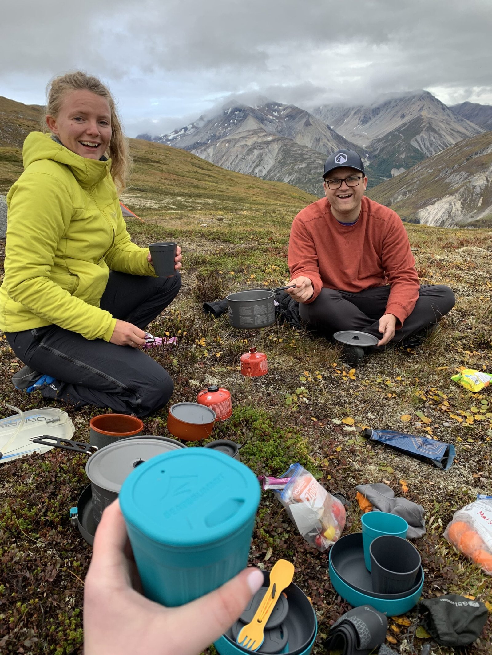 Cooking our food outside with fuel and kitchen utensils