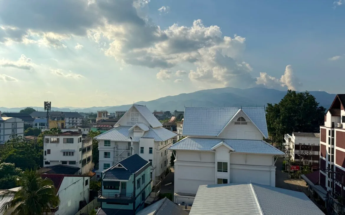 Views of Doi Suthep from our balcony at Thee Kashatharn